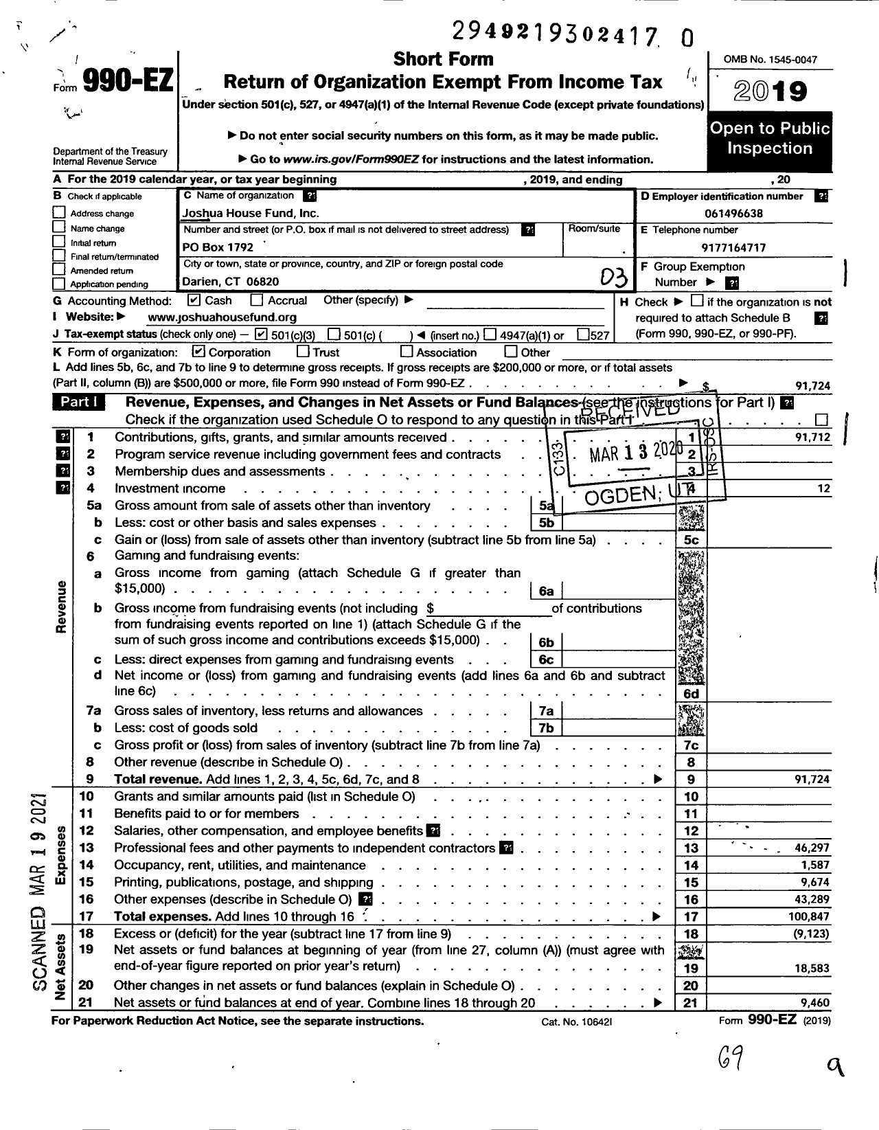 Image of first page of 2019 Form 990EZ for Joshua House Fund