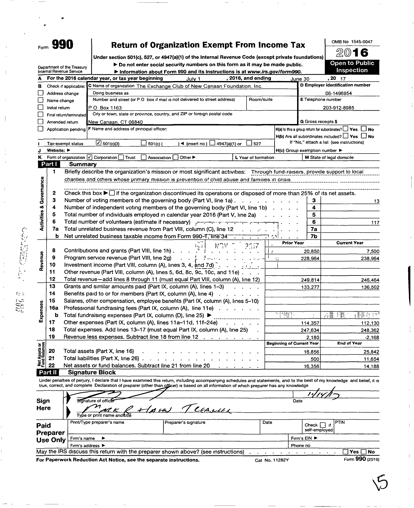 Image of first page of 2016 Form 990 for The Exchange Club of New Canaan Foundation