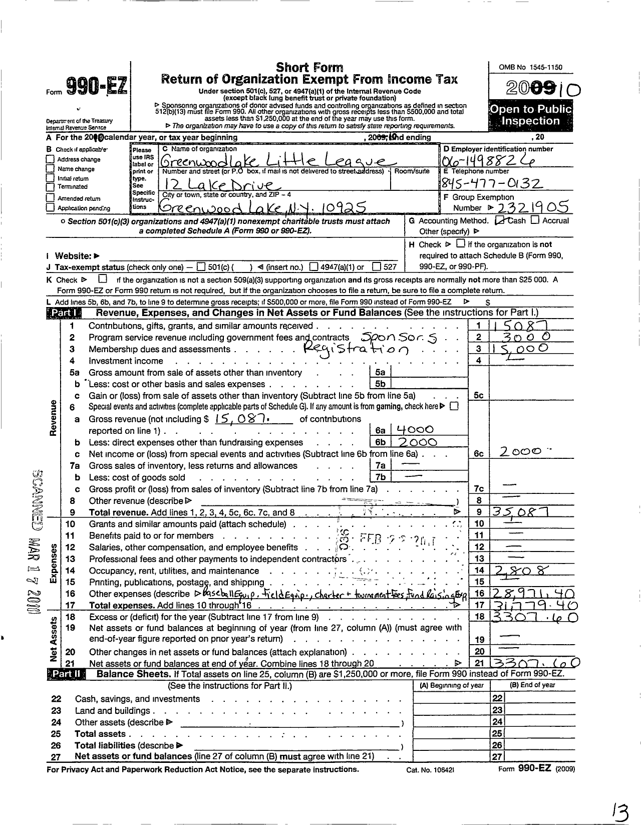 Image of first page of 2010 Form 990EO for Little League Baseball - 2321905 Greenwood Lake JR LL