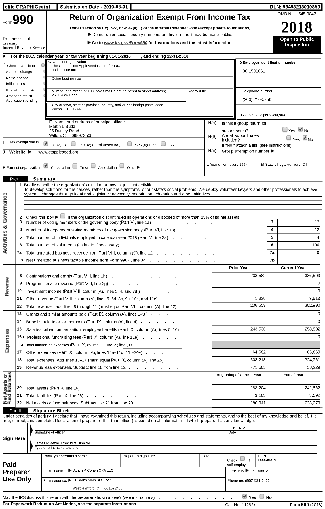Image of first page of 2018 Form 990 for Connecticut Appleseed Center for Law and Justice