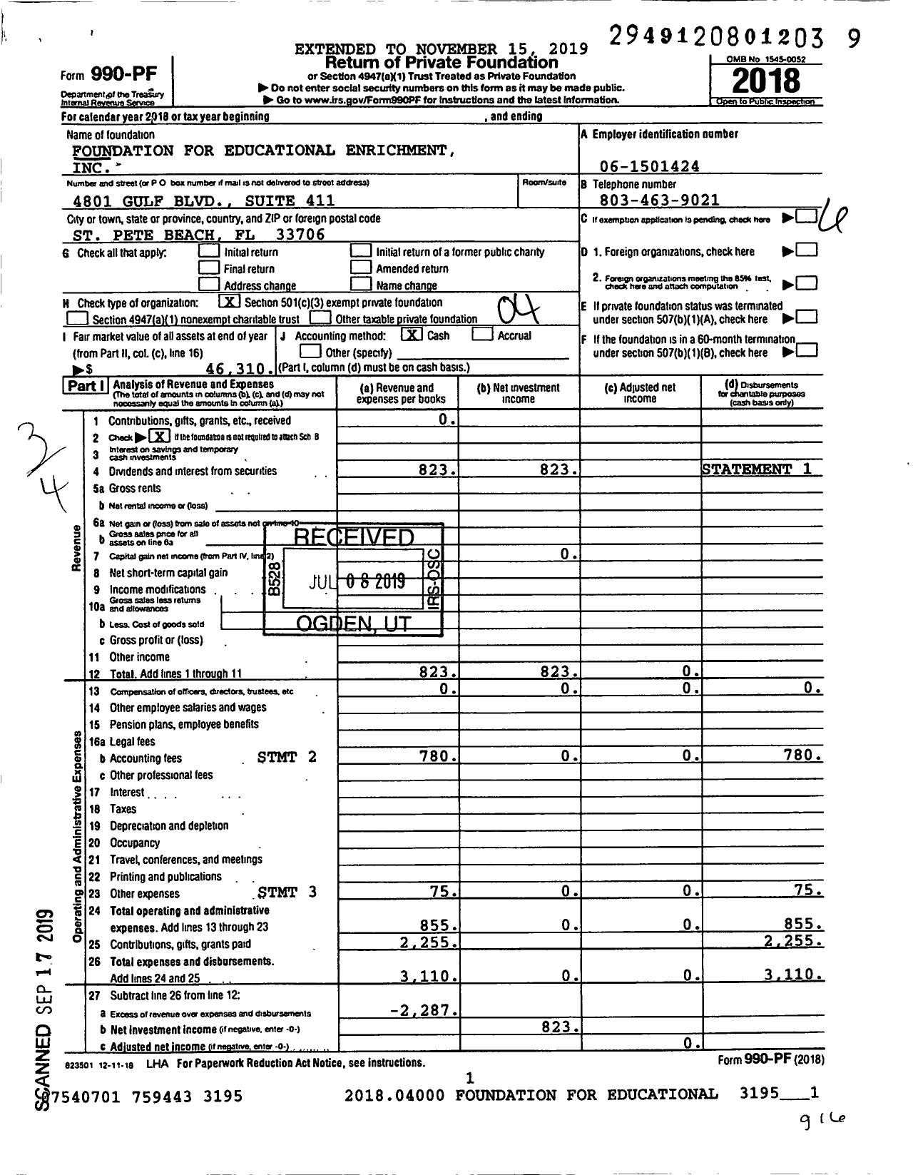 Image of first page of 2018 Form 990PF for Foundation for Educational Enrichment