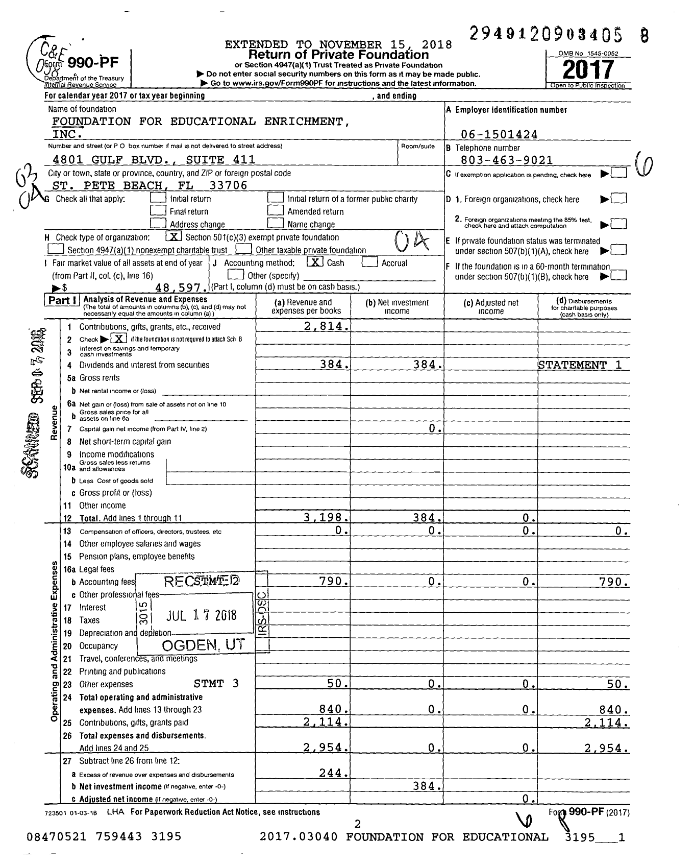 Image of first page of 2017 Form 990PF for Foundation for Educational Enrichment
