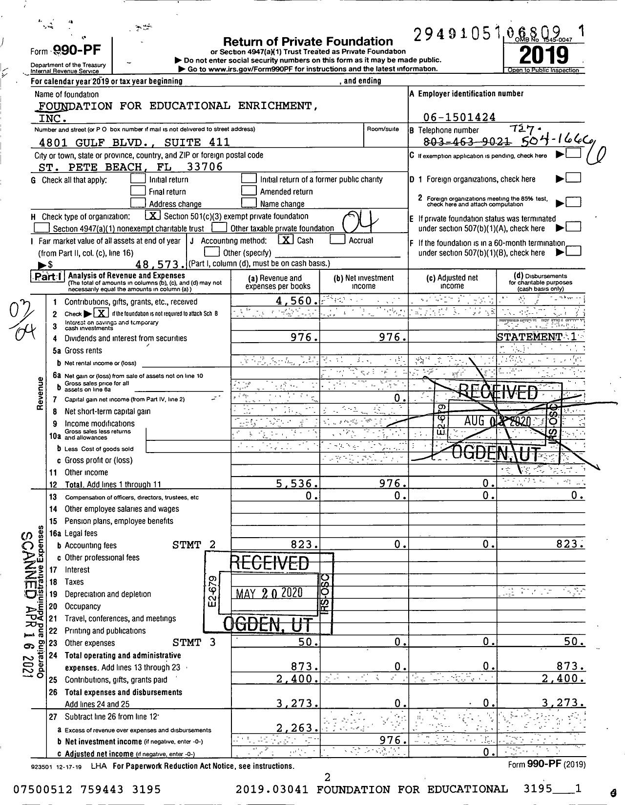 Image of first page of 2019 Form 990PF for Foundation for Educational Enrichment