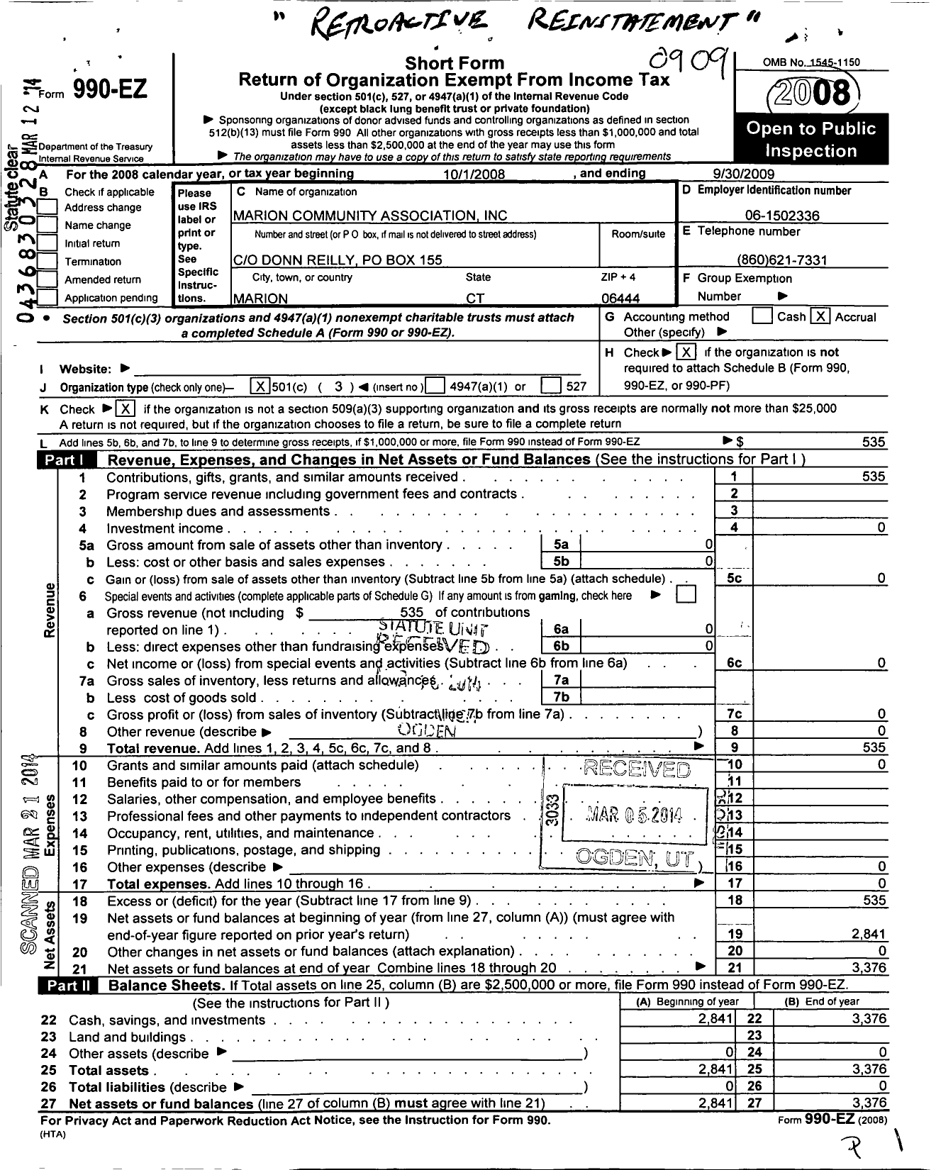 Image of first page of 2008 Form 990EZ for Marion Community Association