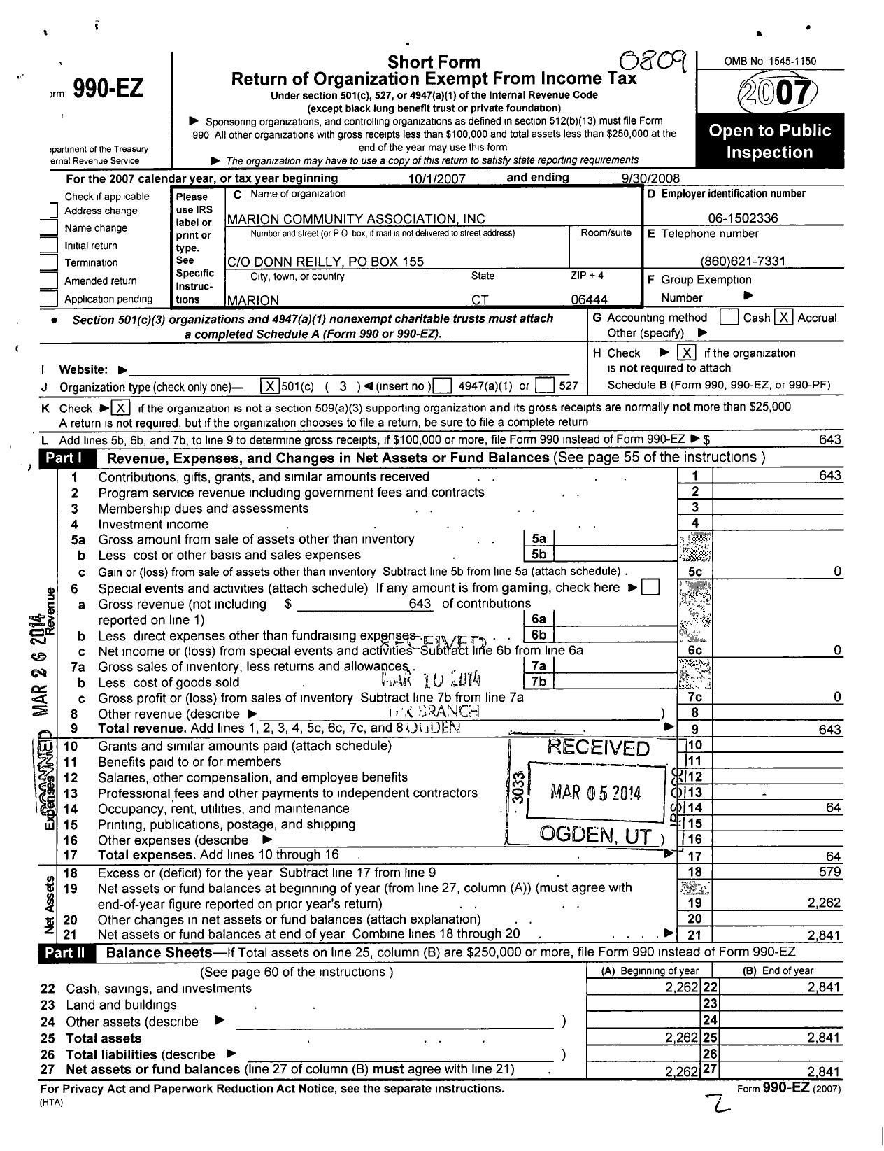 Image of first page of 2007 Form 990EZ for Marion Community Association