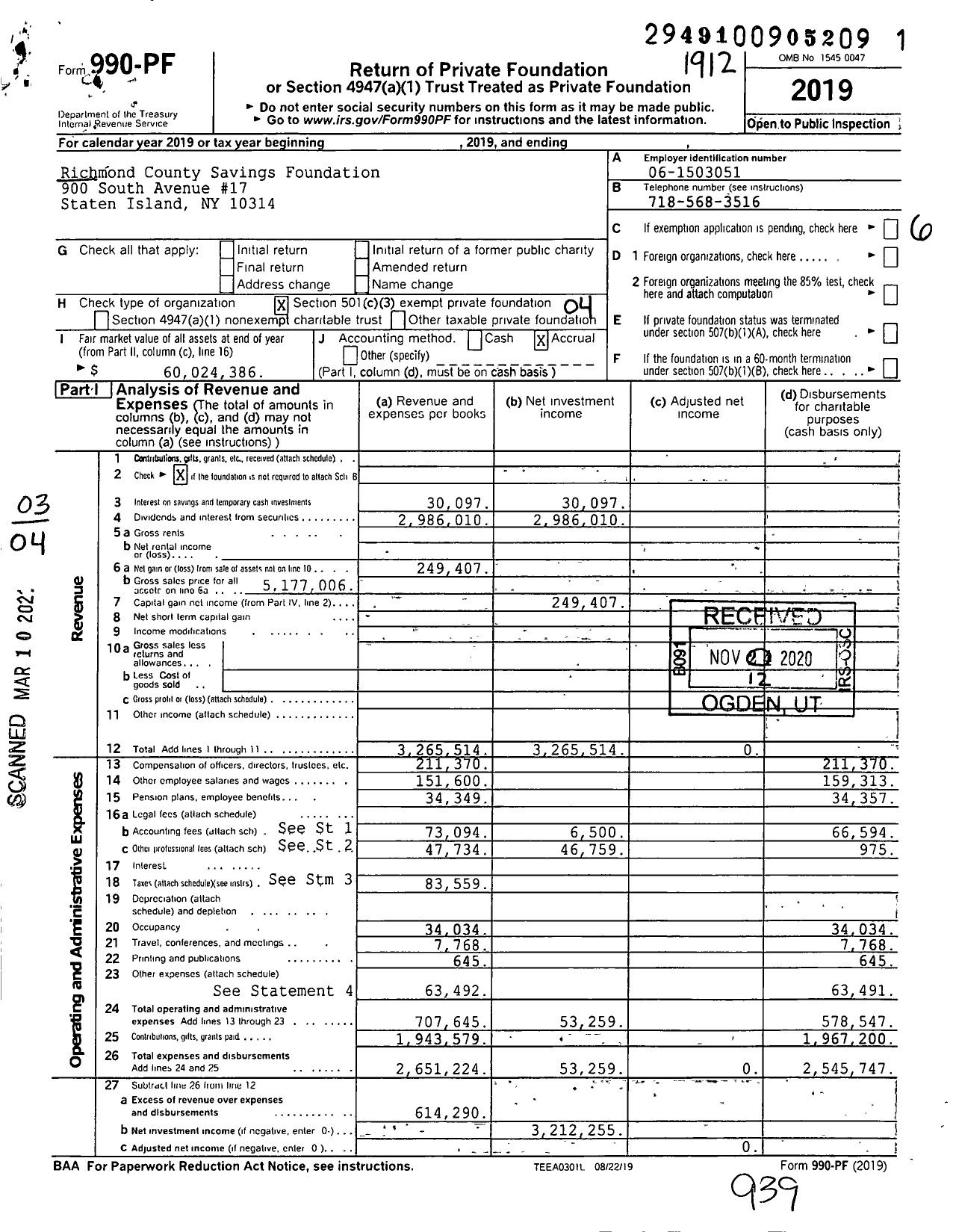 Image of first page of 2019 Form 990PF for Richmond County Savings Foundation