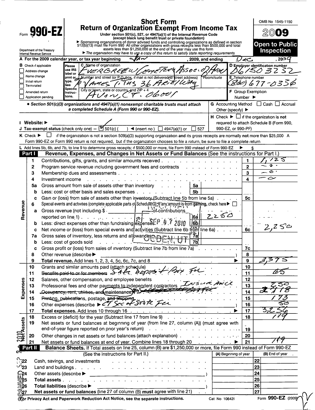 Image of first page of 2009 Form 990EO for Evergreen Cementery Association of Avon Connecticut