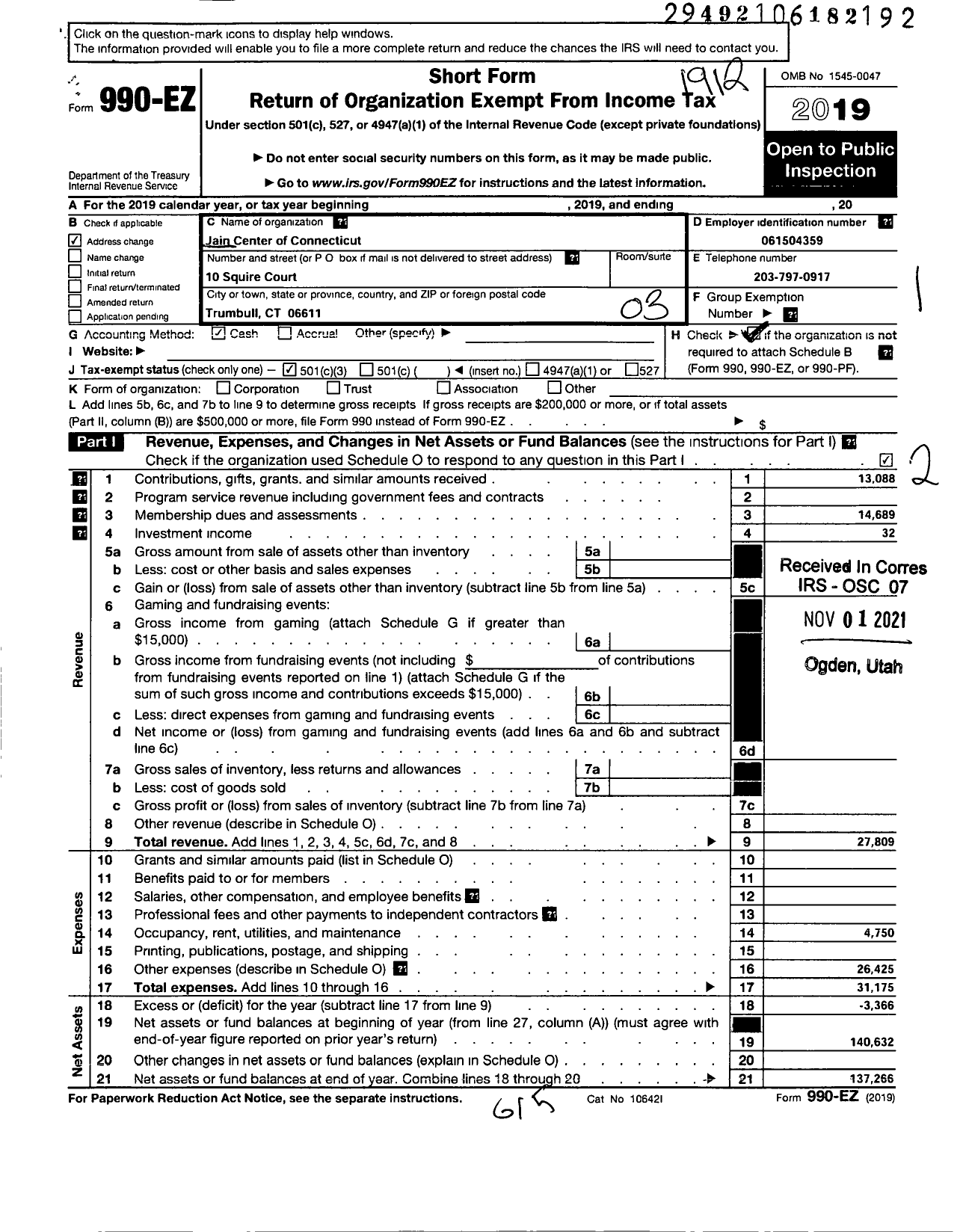 Image of first page of 2019 Form 990EZ for Jain Center of Connecticut