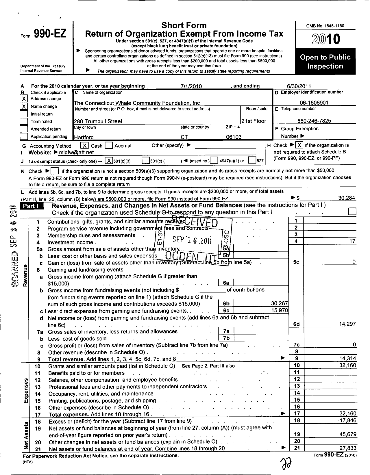 Image of first page of 2010 Form 990EZ for The Connecticut Whale Community Foundation