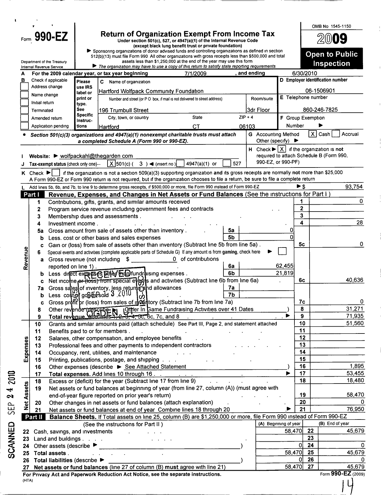 Image of first page of 2009 Form 990EZ for The Connecticut Whale Community Foundation