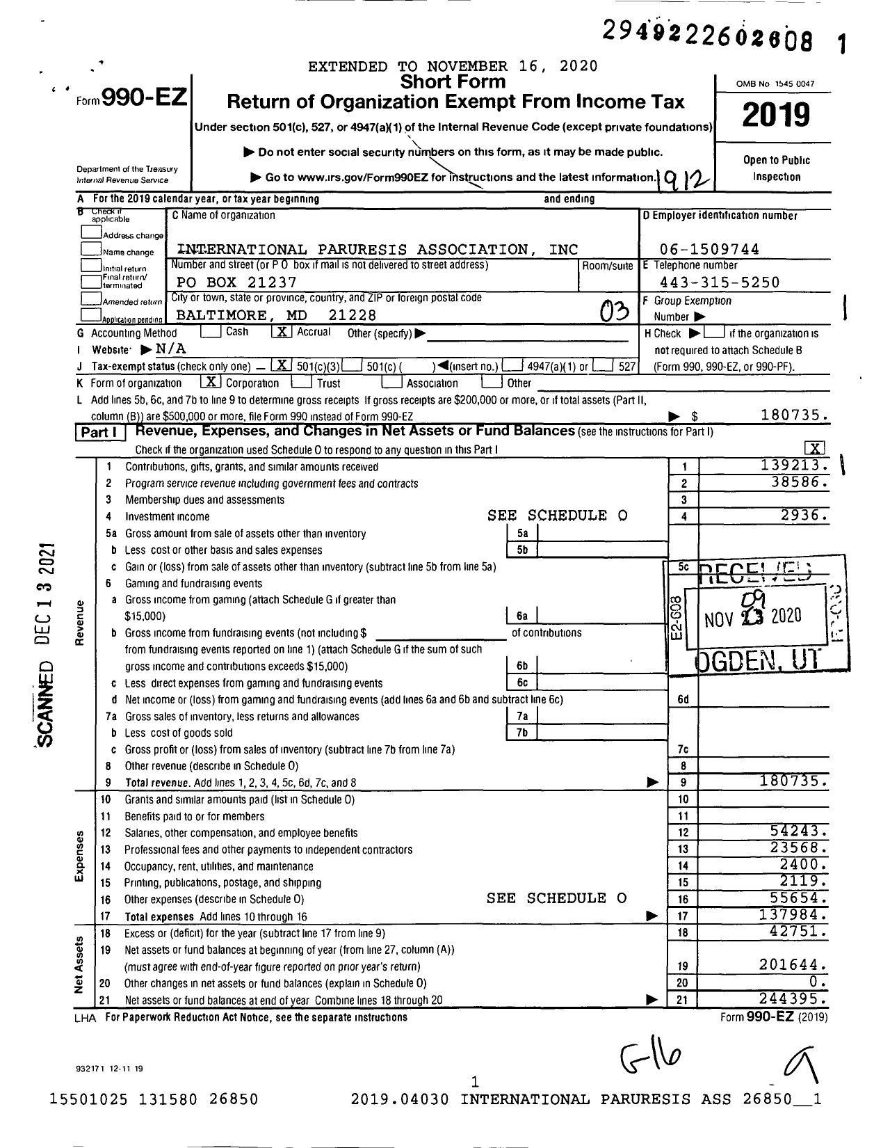 Image of first page of 2019 Form 990EZ for International Paruresis Association