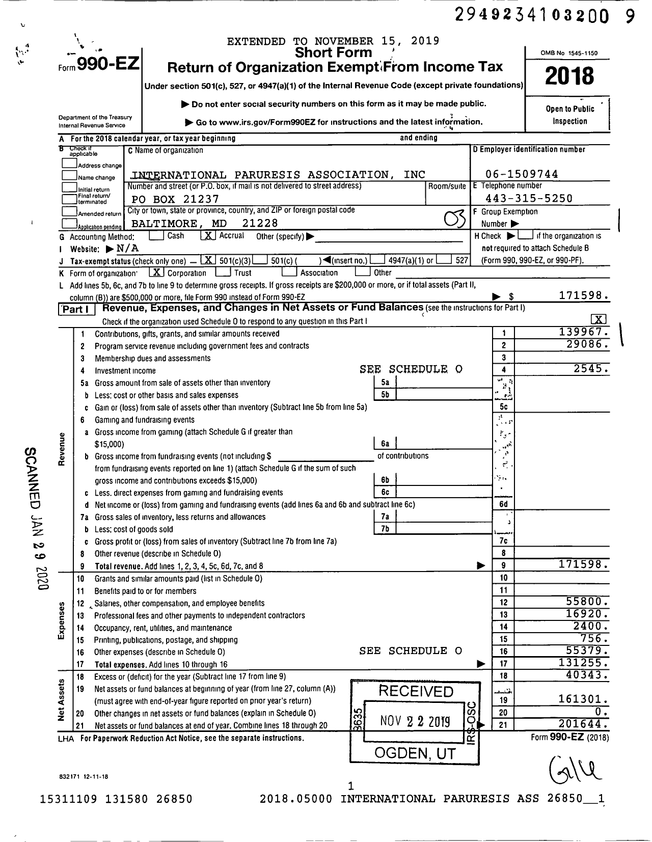 Image of first page of 2018 Form 990EZ for International Paruresis Association