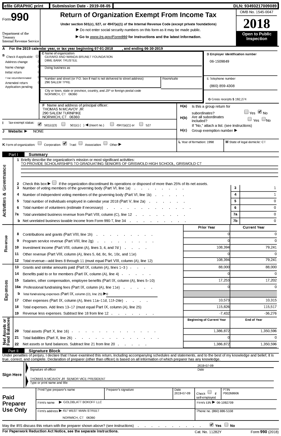 Image of first page of 2018 Form 990 for Gerard and Wanda Brunet Foundation Dime Bank Trustee