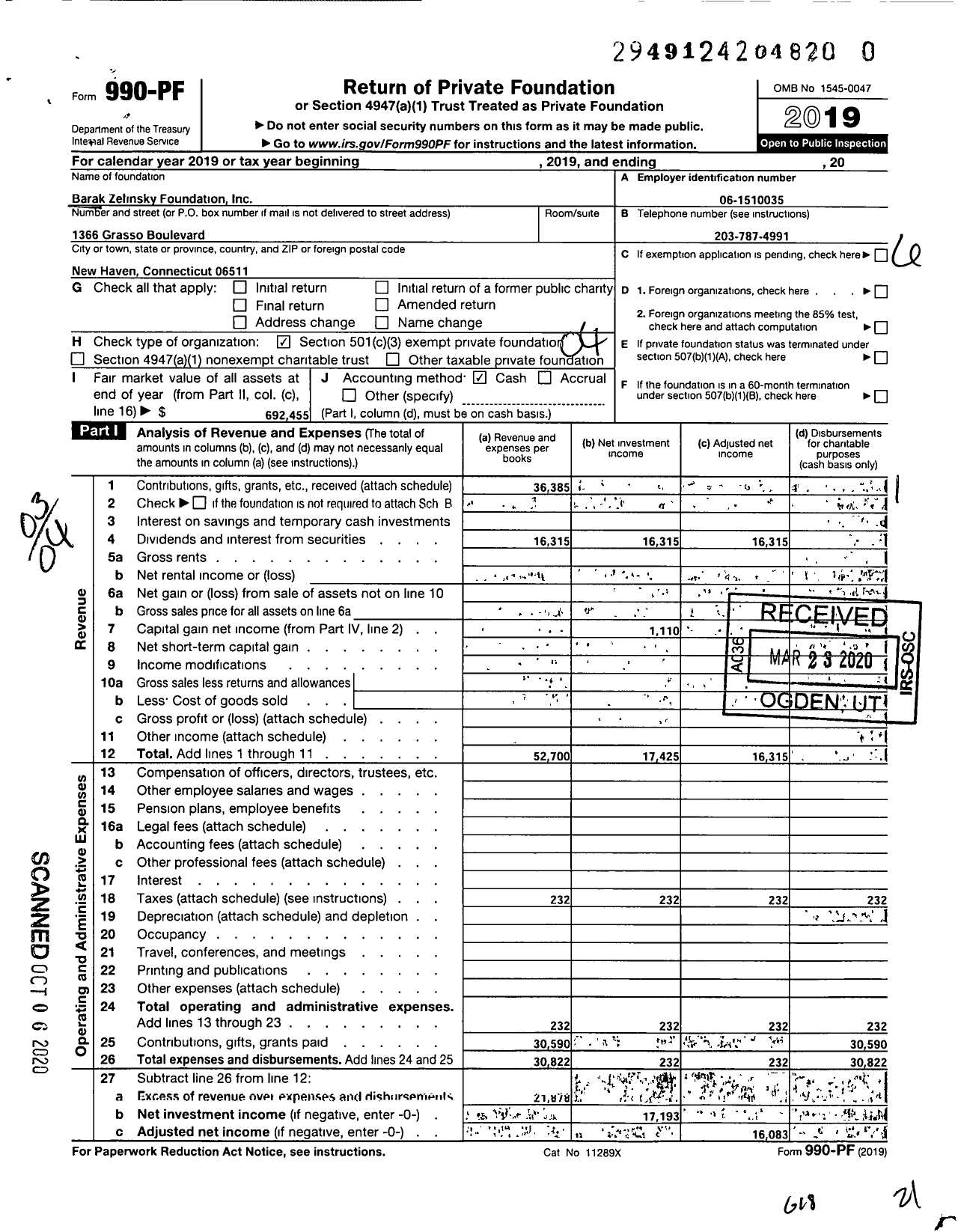 Image of first page of 2019 Form 990PR for Barak Zelinsky Foundation