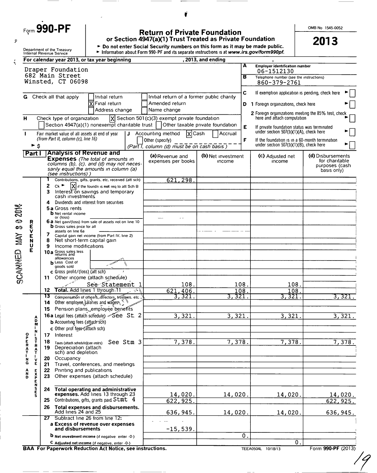Image of first page of 2013 Form 990PF for Draper Foundation