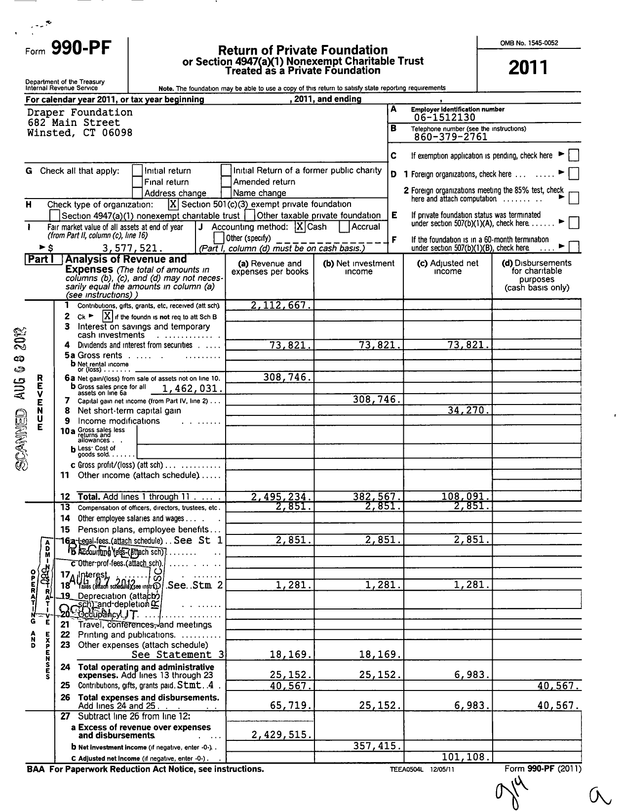 Image of first page of 2011 Form 990PF for Draper Foundation
