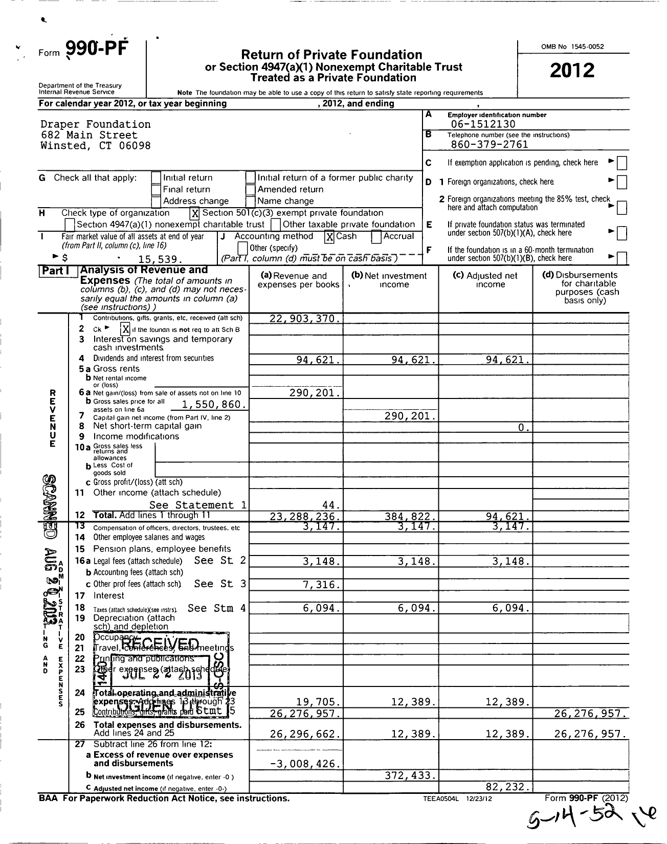 Image of first page of 2012 Form 990PF for Draper Foundation
