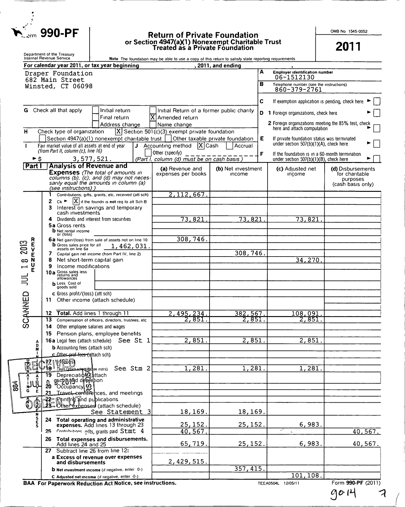 Image of first page of 2011 Form 990PF for Draper Foundation