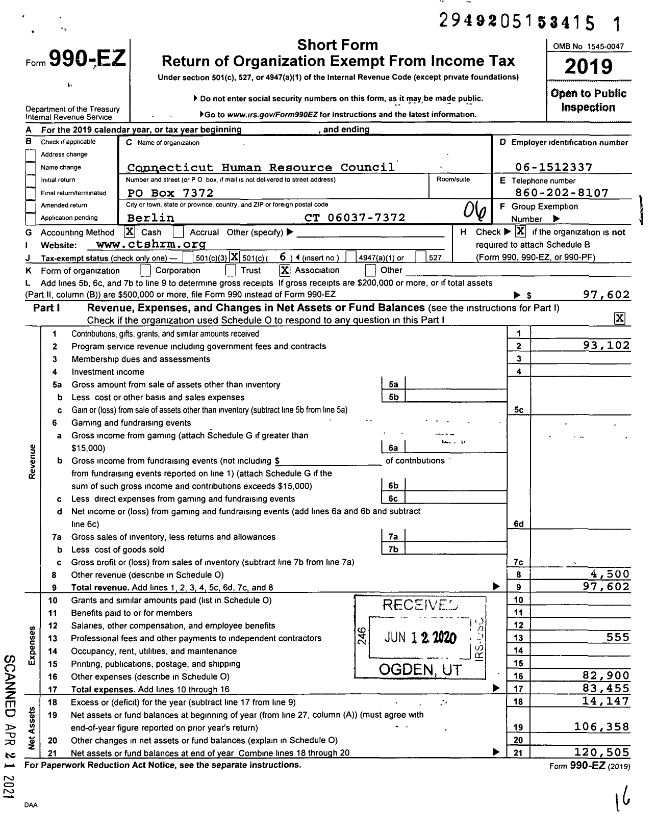 Image of first page of 2019 Form 990EO for Connecticut Human Resource Council