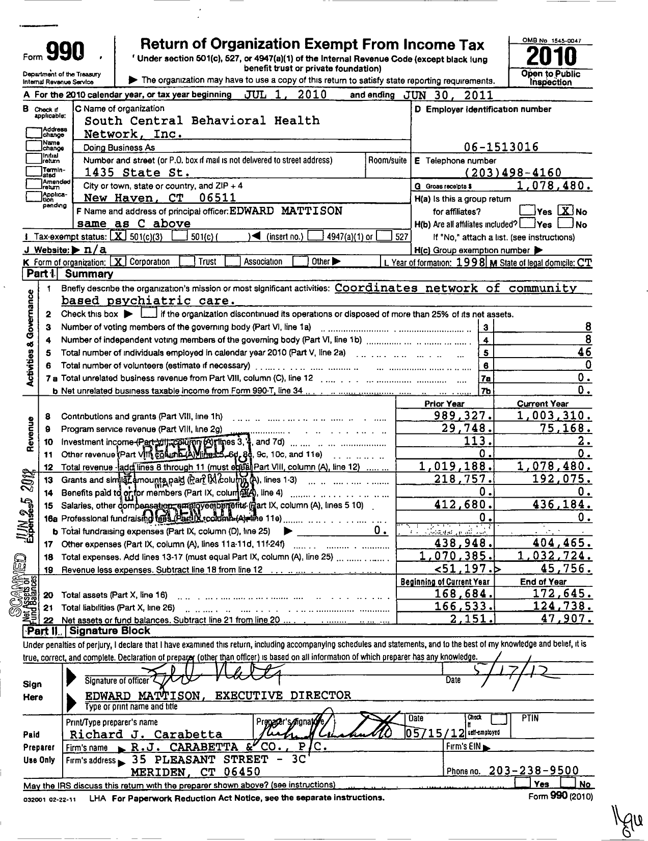 Image of first page of 2010 Form 990 for South Central Behavioral Health Network