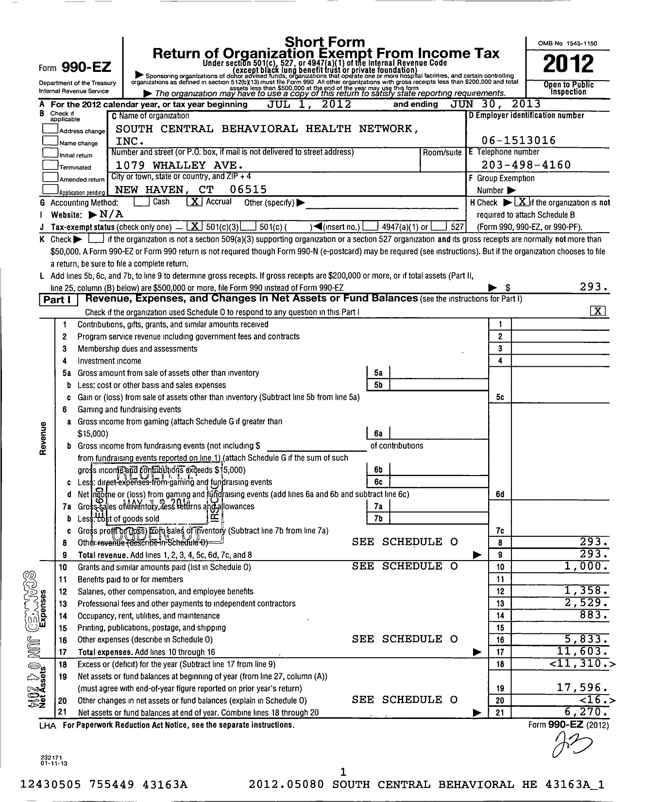 Image of first page of 2012 Form 990EZ for South Central Behavioral Health Network