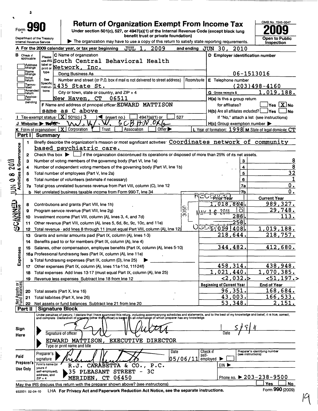 Image of first page of 2009 Form 990 for South Central Behavioral Health Network