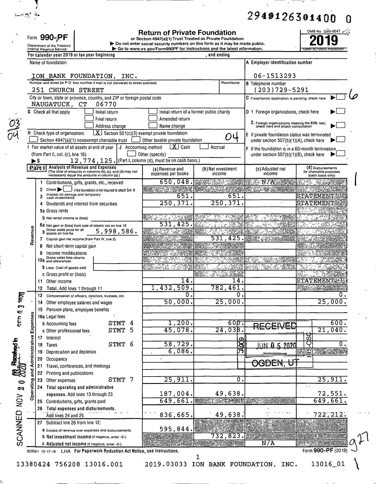 Image of first page of 2019 Form 990PF for Ion Bank Foundation