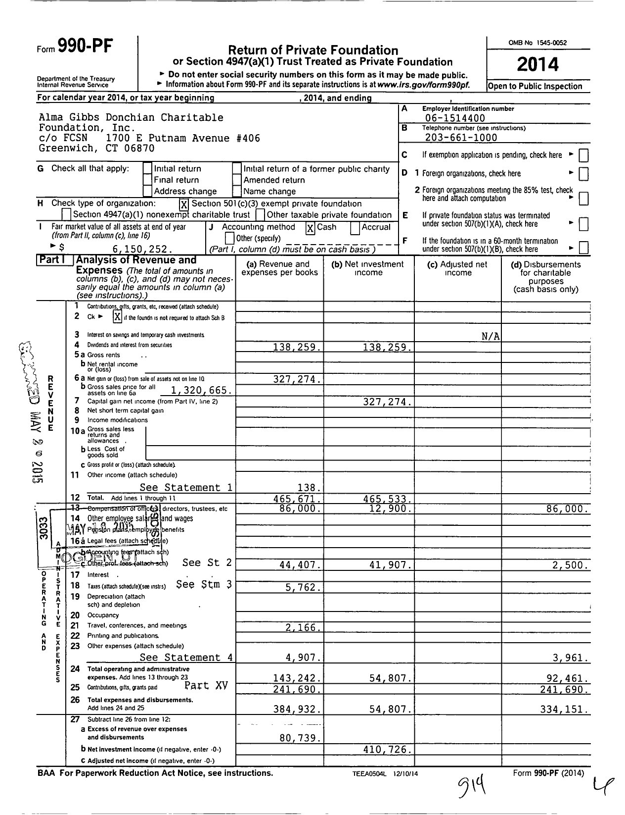 Image of first page of 2014 Form 990PF for Alma Gibbs Donchian Charitable Foundation