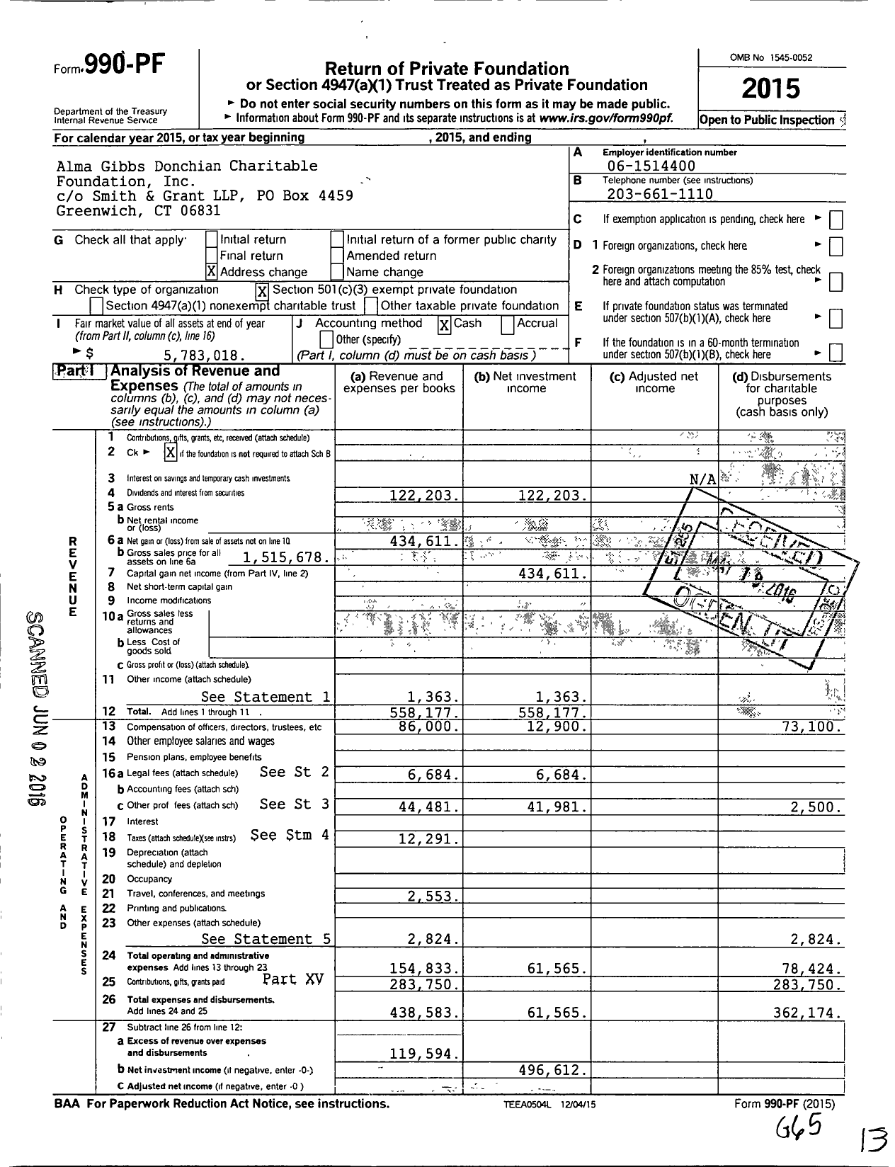 Image of first page of 2015 Form 990PF for Alma Gibbs Donchian Charitable Foundation