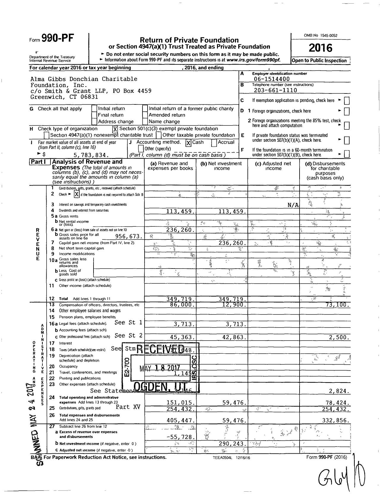 Image of first page of 2016 Form 990PF for Alma Gibbs Donchian Charitable Foundation