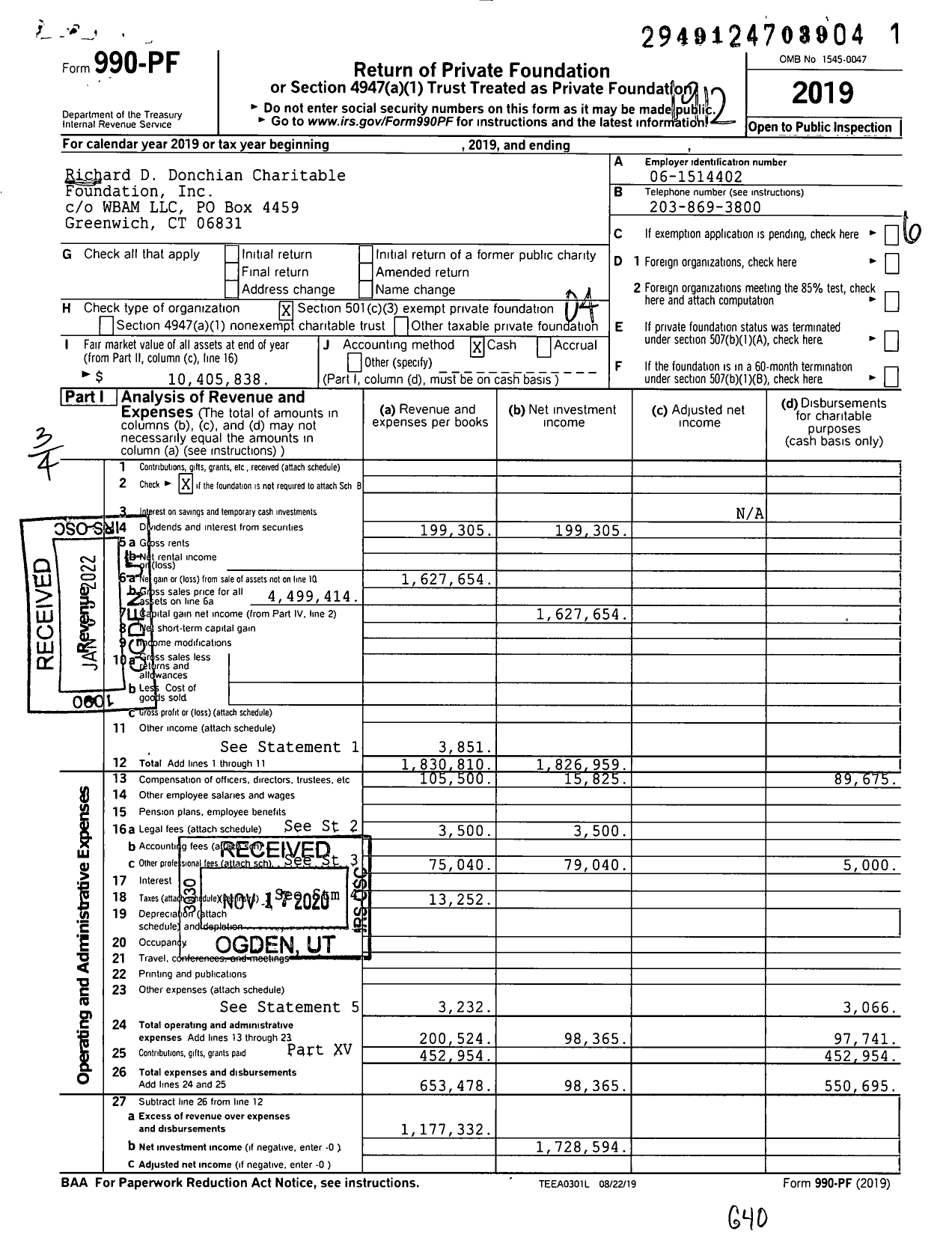 Image of first page of 2019 Form 990PF for Richard D Donchian Charitable Foundation