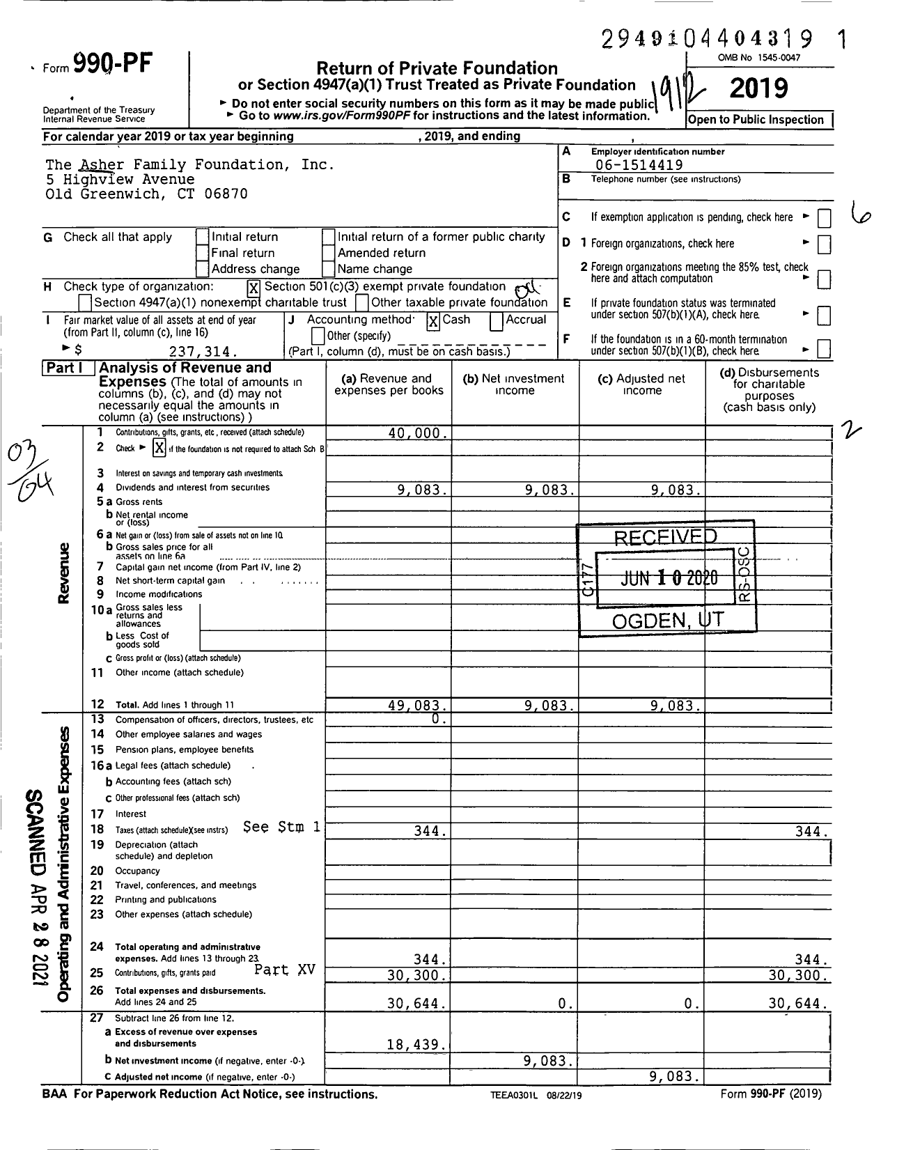 Image of first page of 2019 Form 990PF for The Asher Family Foundation