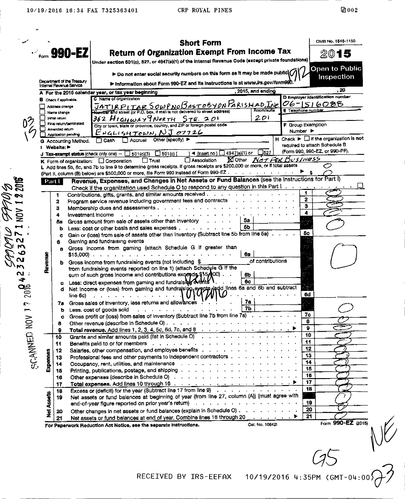 Image of first page of 2015 Form 990EO for Jatirpitar Sowpno Bastobayon Parishad