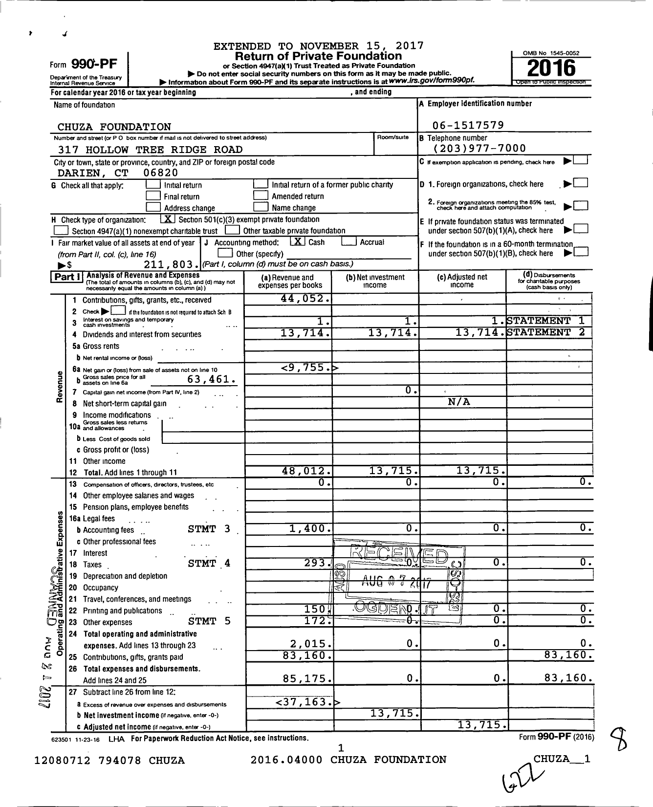 Image of first page of 2016 Form 990PF for Chuza Foundation