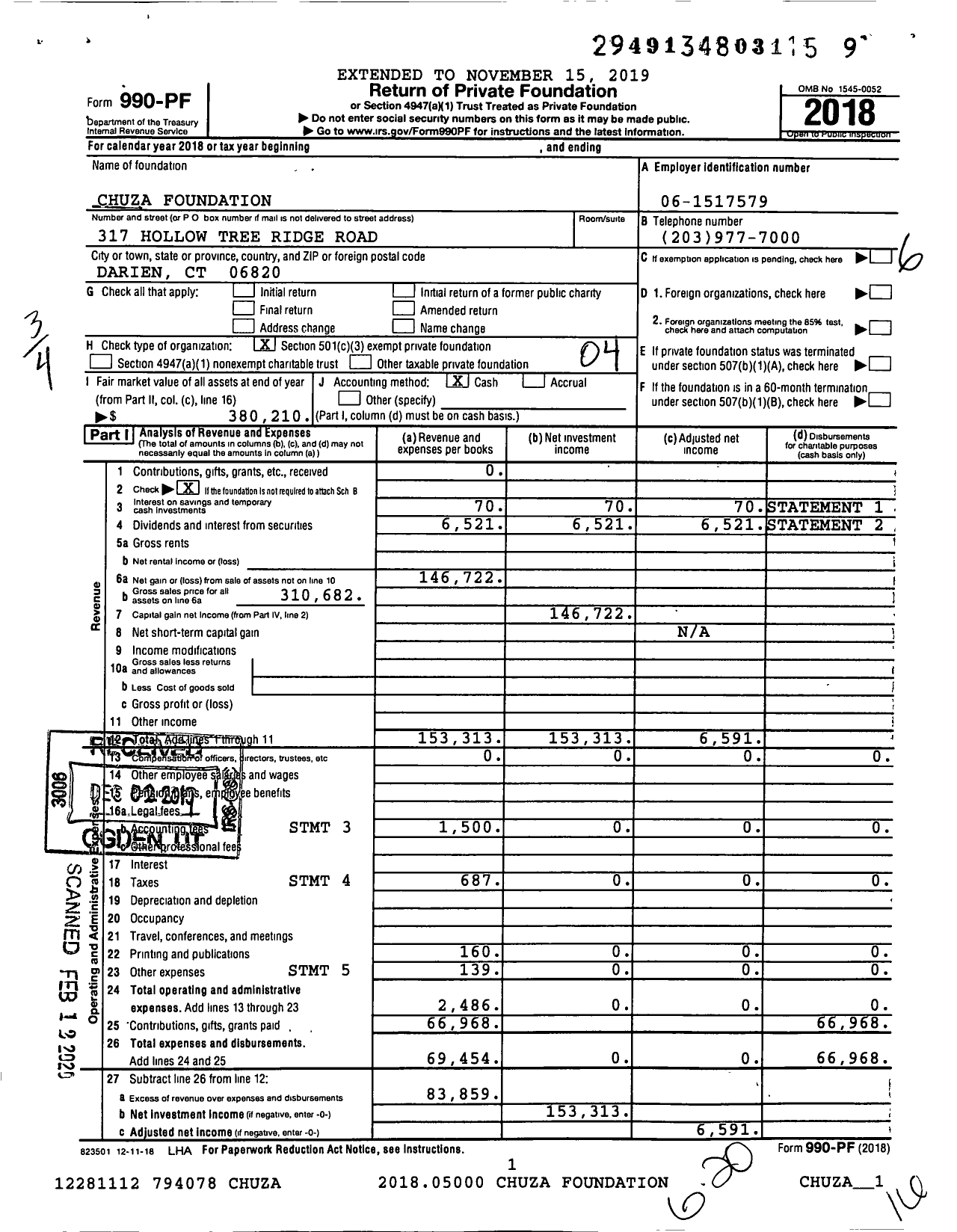 Image of first page of 2018 Form 990PF for Chuza Foundation