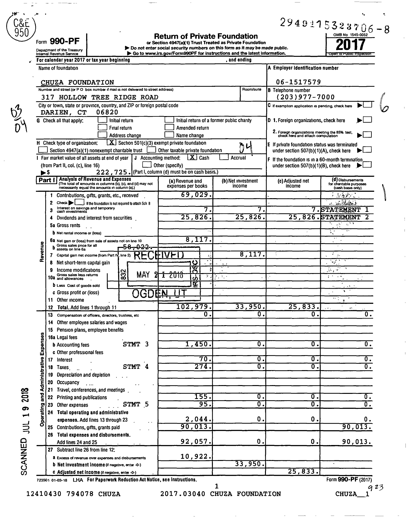 Image of first page of 2017 Form 990PF for Chuza Foundation