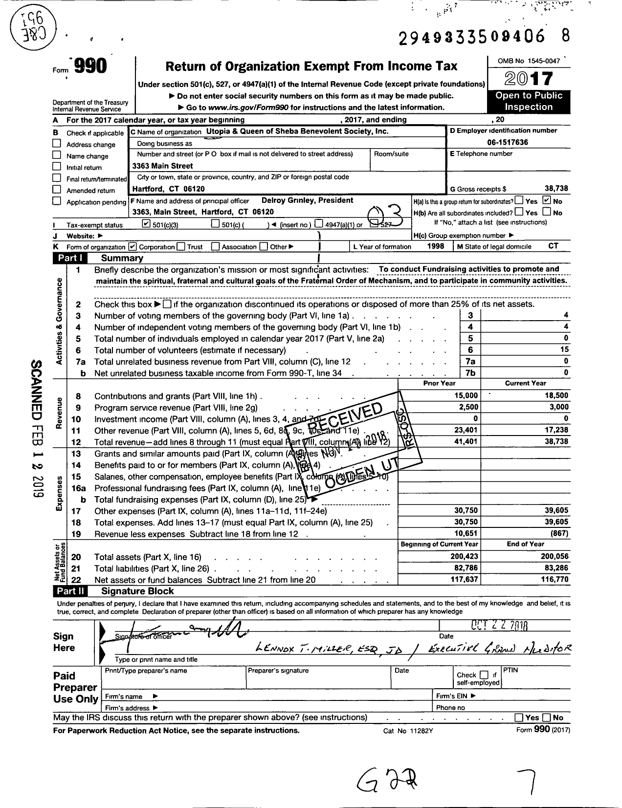 Image of first page of 2017 Form 990 for Utopia and Queen of Sheba Benevolent