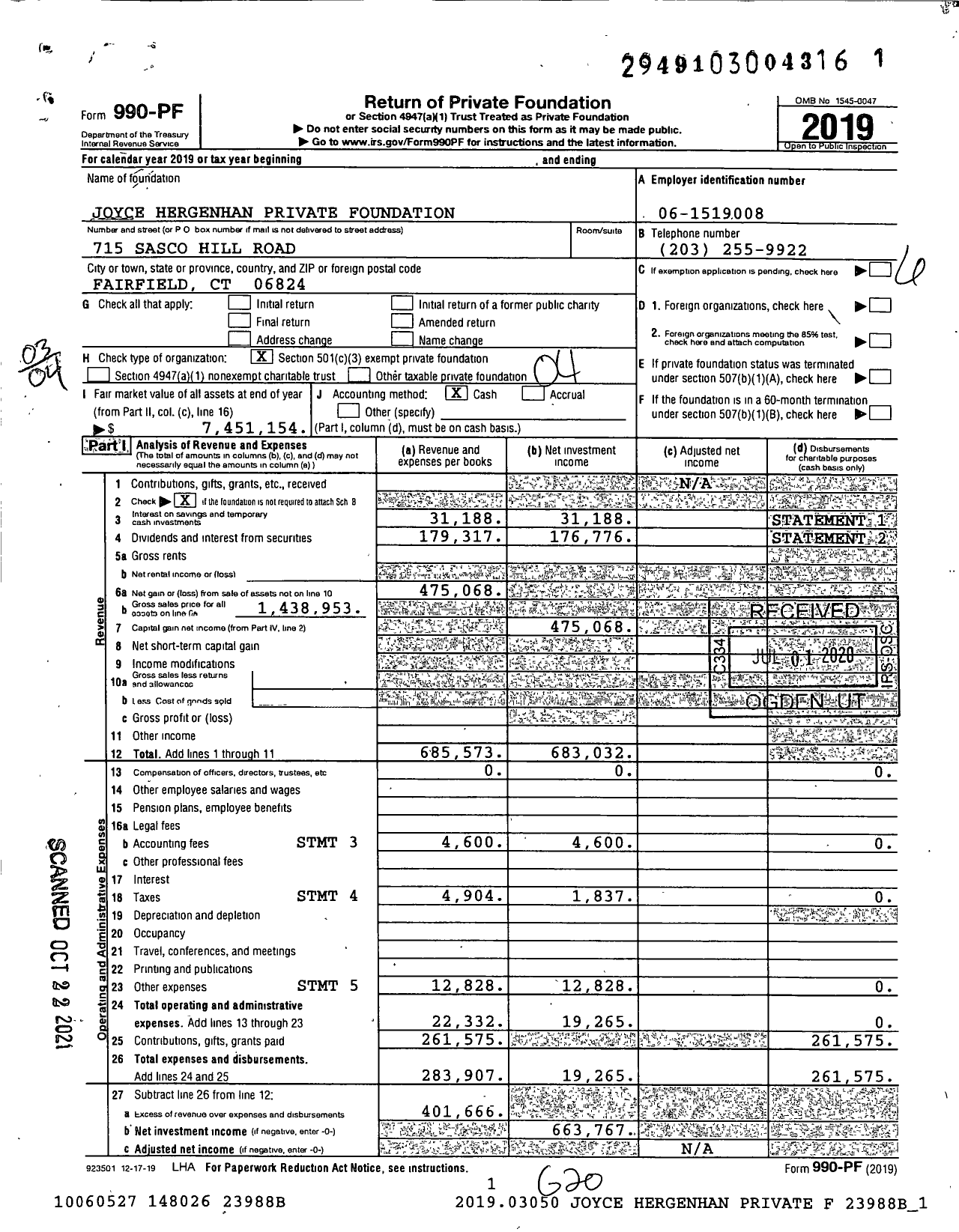 Image of first page of 2019 Form 990PF for Joyce Hergenhan Private Foundation