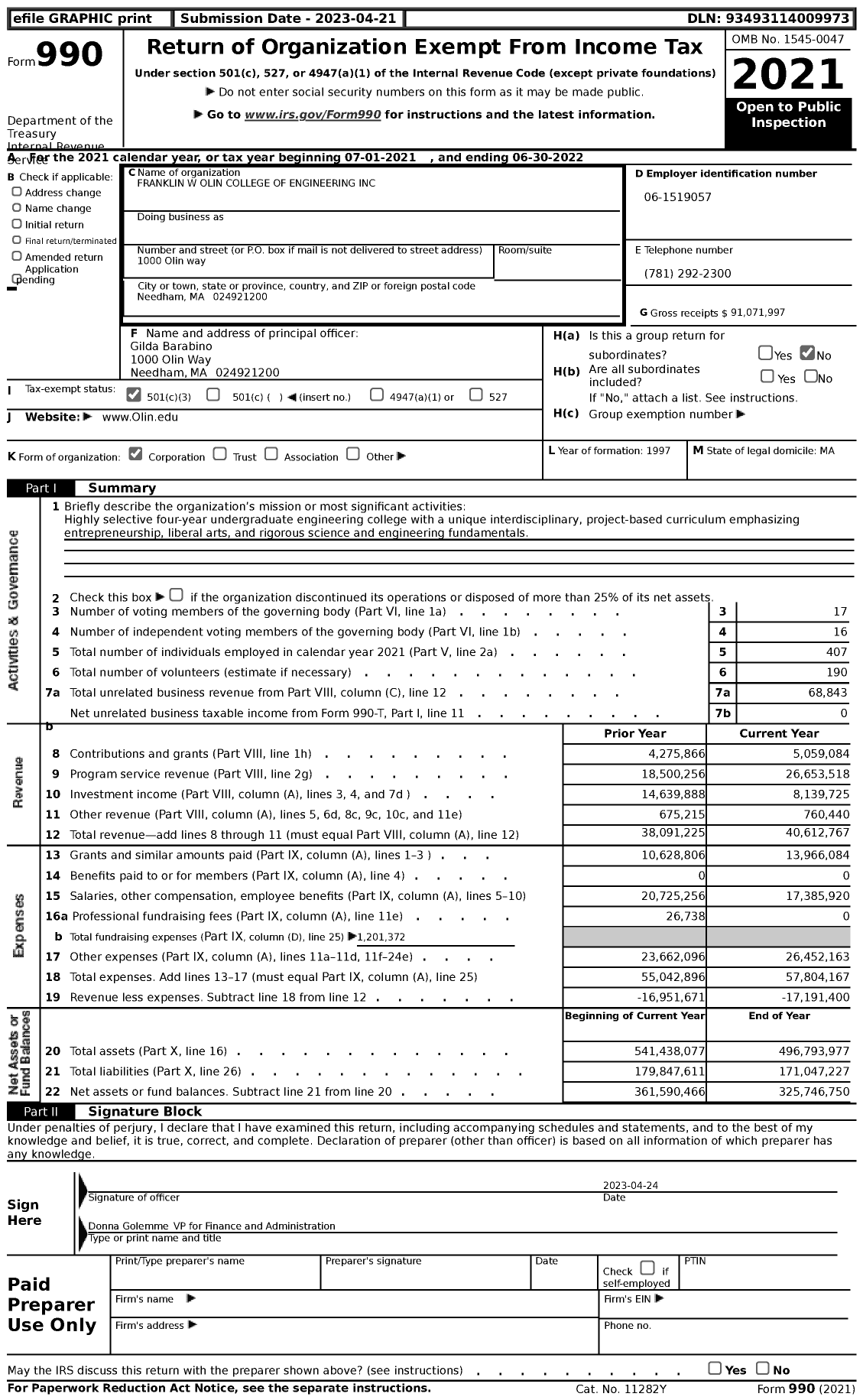 Image of first page of 2021 Form 990 for Olin College of Engineering