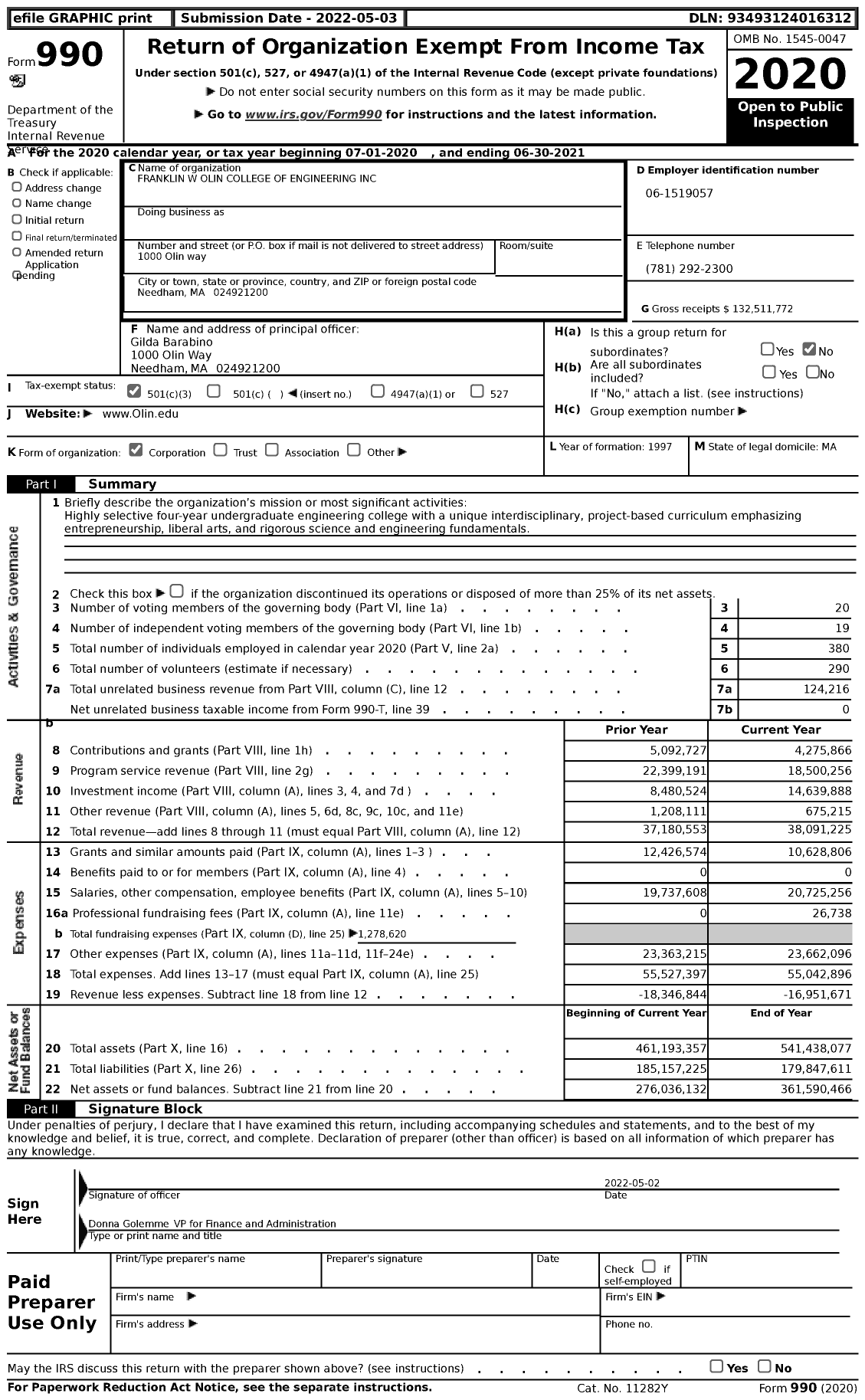 Image of first page of 2020 Form 990 for Olin College of Engineering