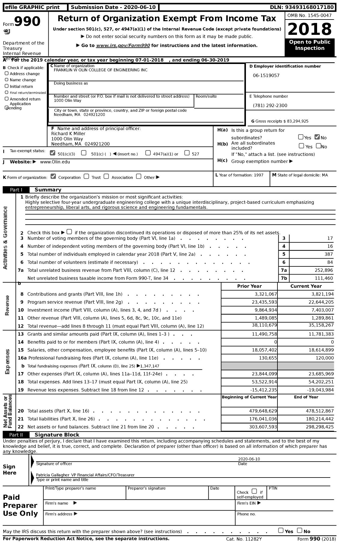 Image of first page of 2018 Form 990 for Olin College of Engineering