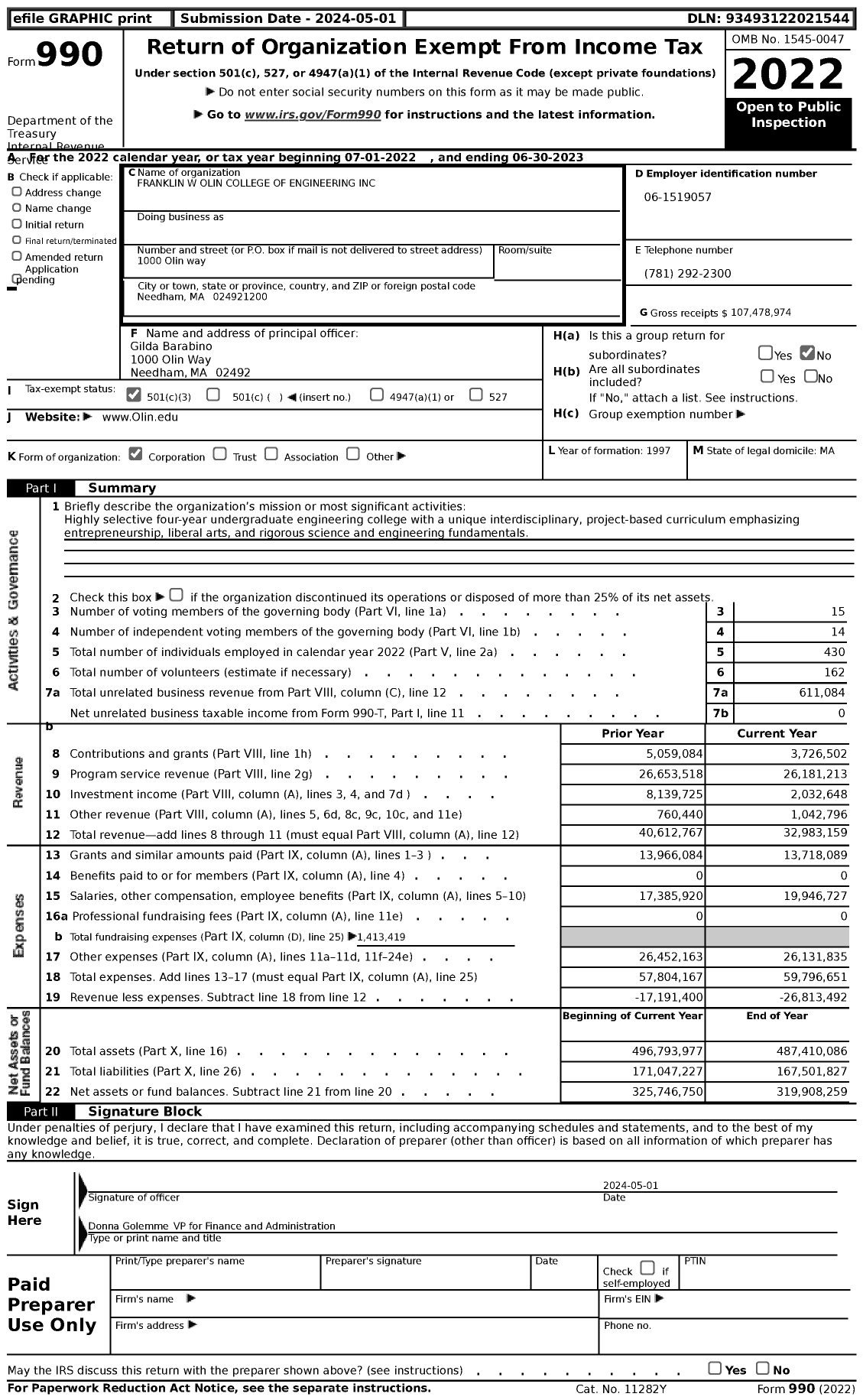 Image of first page of 2022 Form 990 for Olin College of Engineering