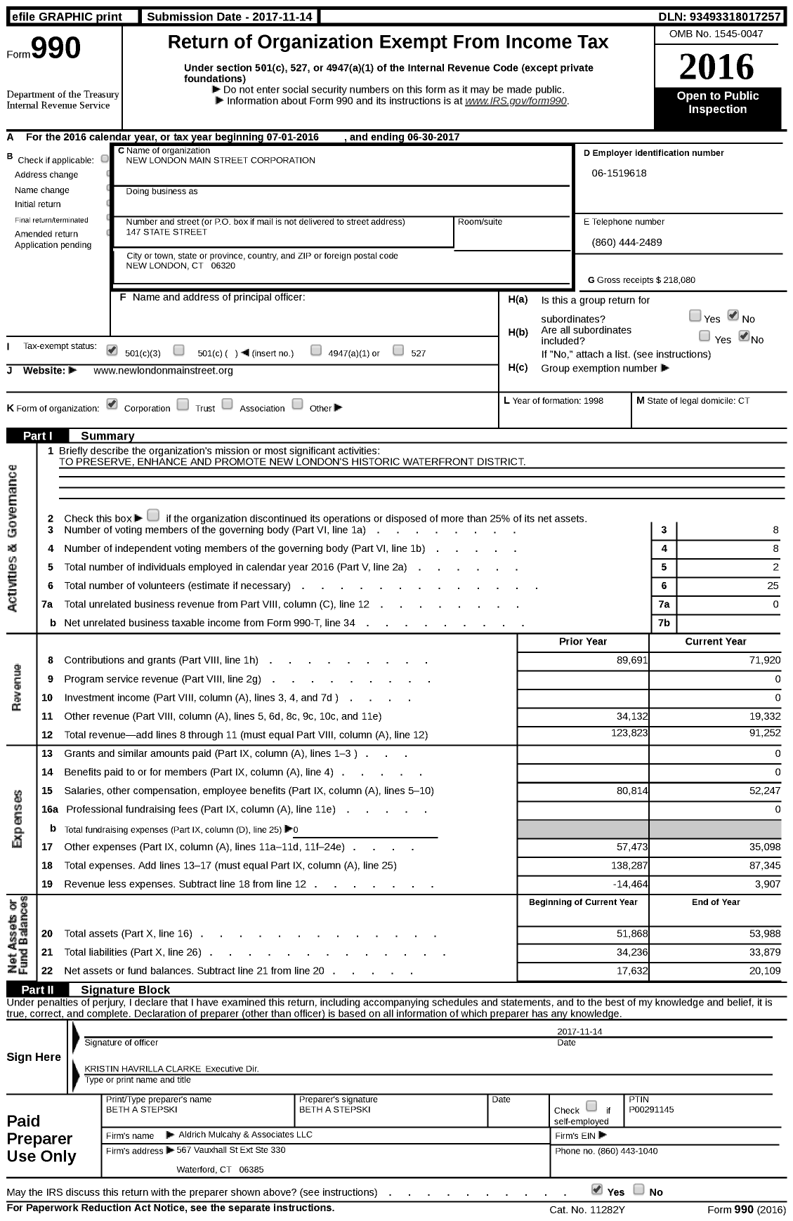 Image of first page of 2016 Form 990 for New London Main Street Corporation