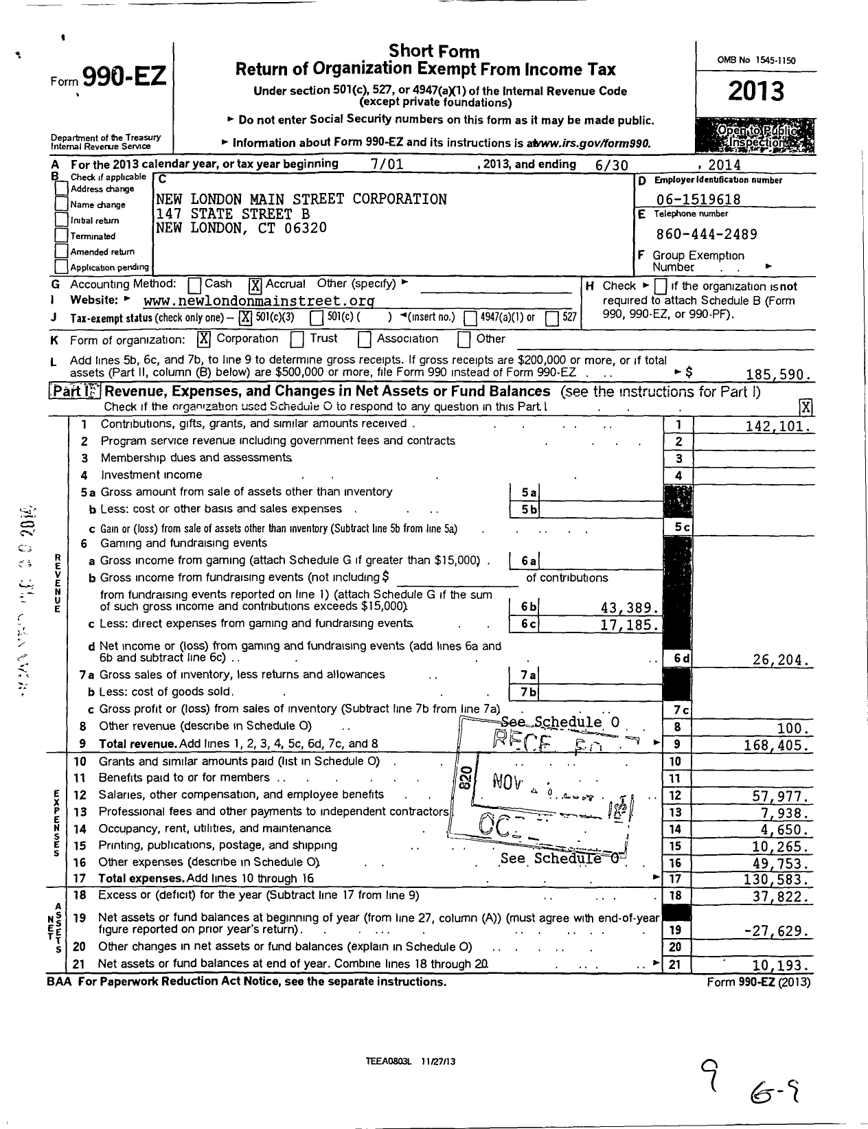 Image of first page of 2013 Form 990EZ for New London Main Street Corporation