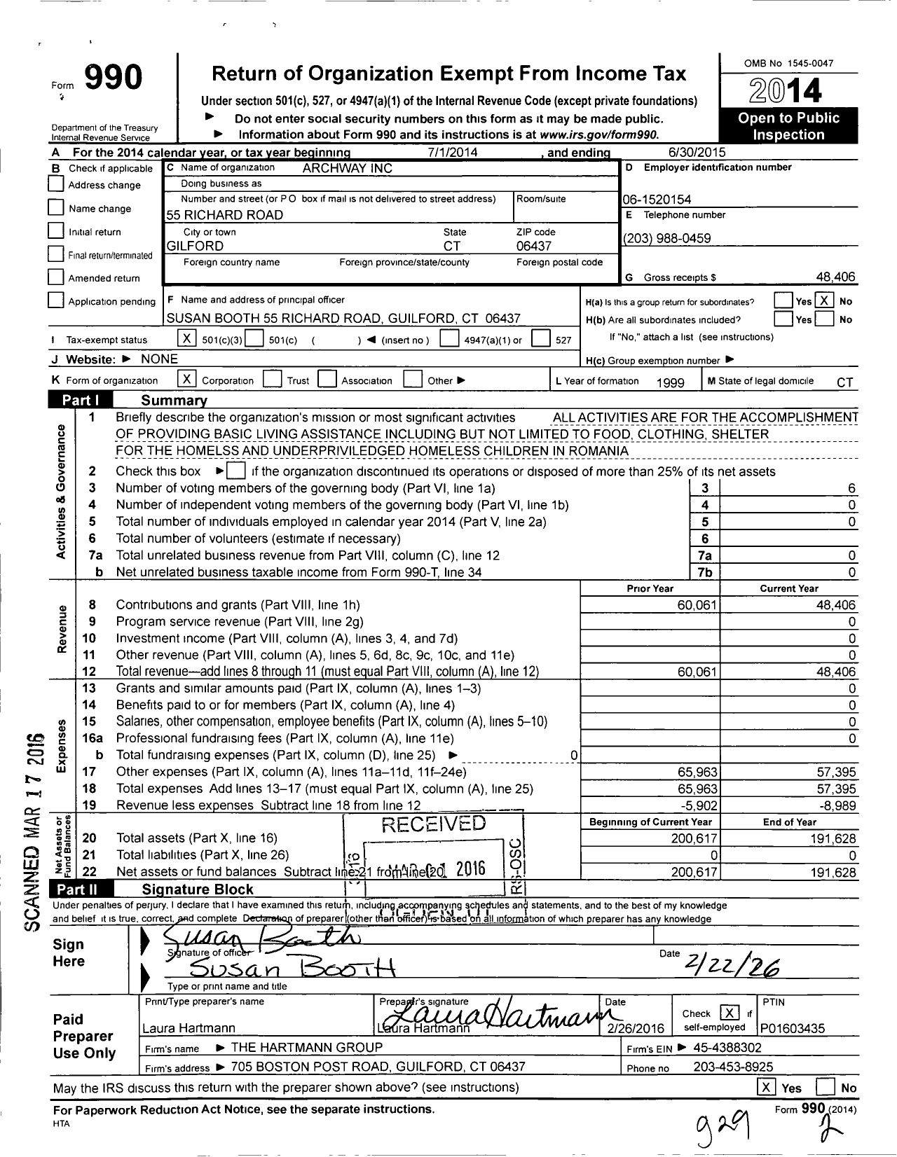 Image of first page of 2014 Form 990 for Archway