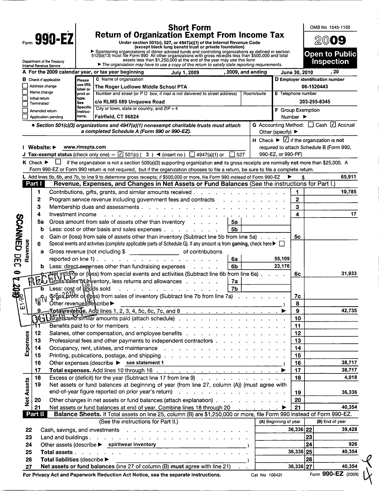 Image of first page of 2009 Form 990EZ for Ptac Roger Ludlowe Middle School