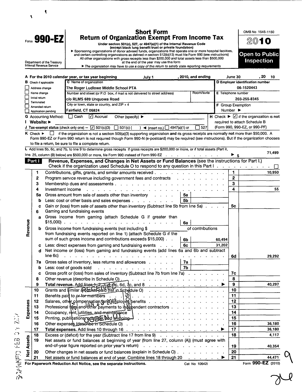 Image of first page of 2009 Form 990EZ for Ptac Roger Ludlowe Middle School