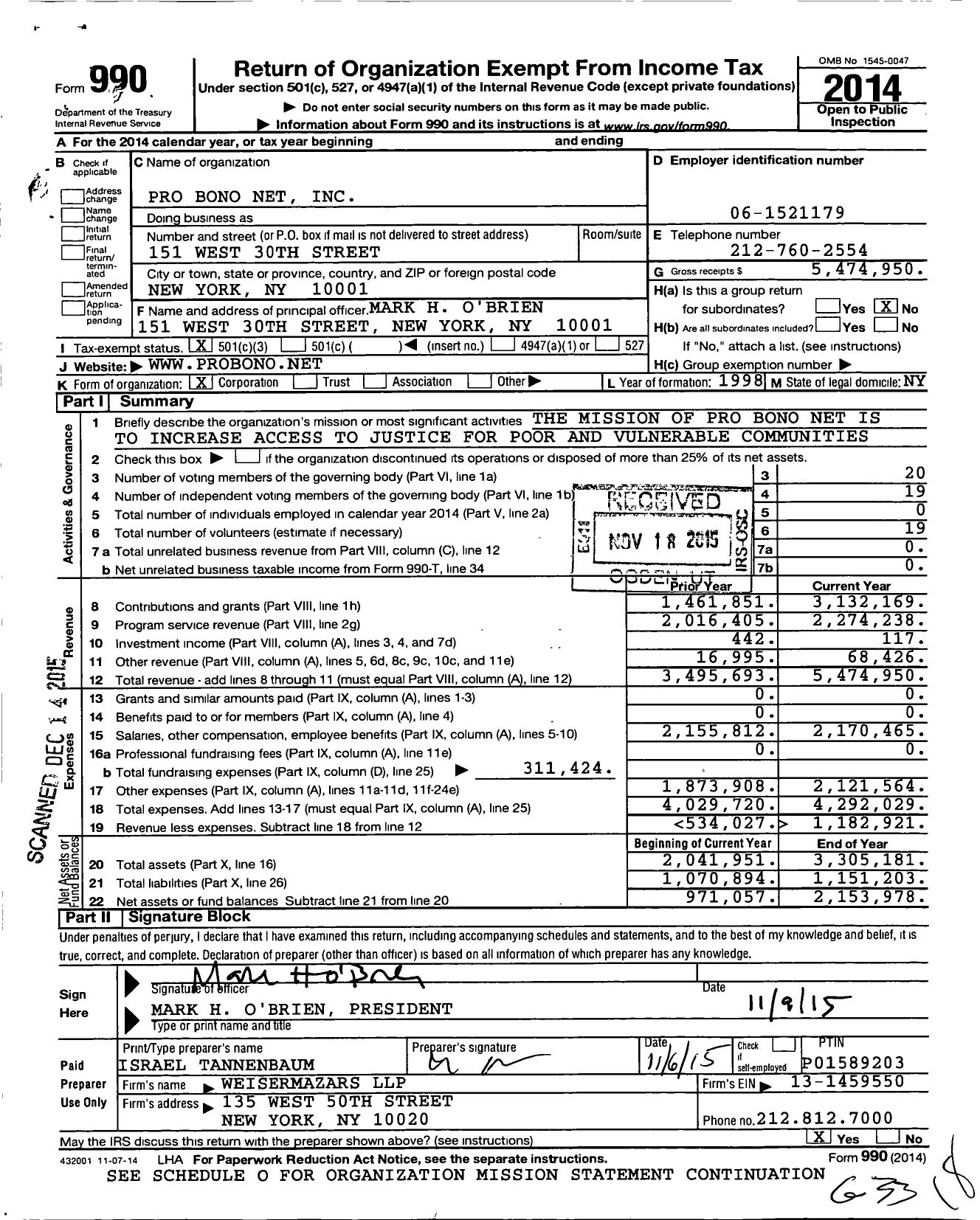 Image of first page of 2014 Form 990 for Pro Bono Net (PBN)