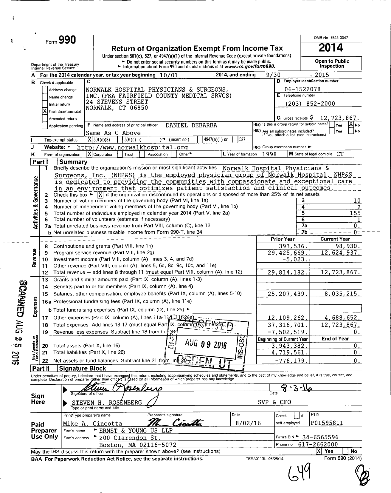 Image of first page of 2014 Form 990 for Norwalk Hospital Physicians and Surgeons