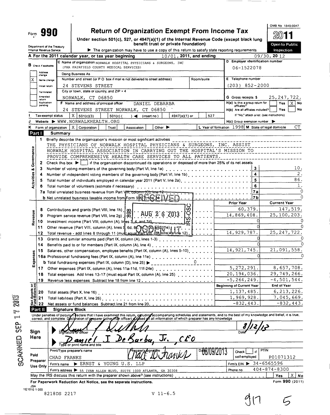 Image of first page of 2011 Form 990 for Norwalk Hospital Physicians and Surgeons